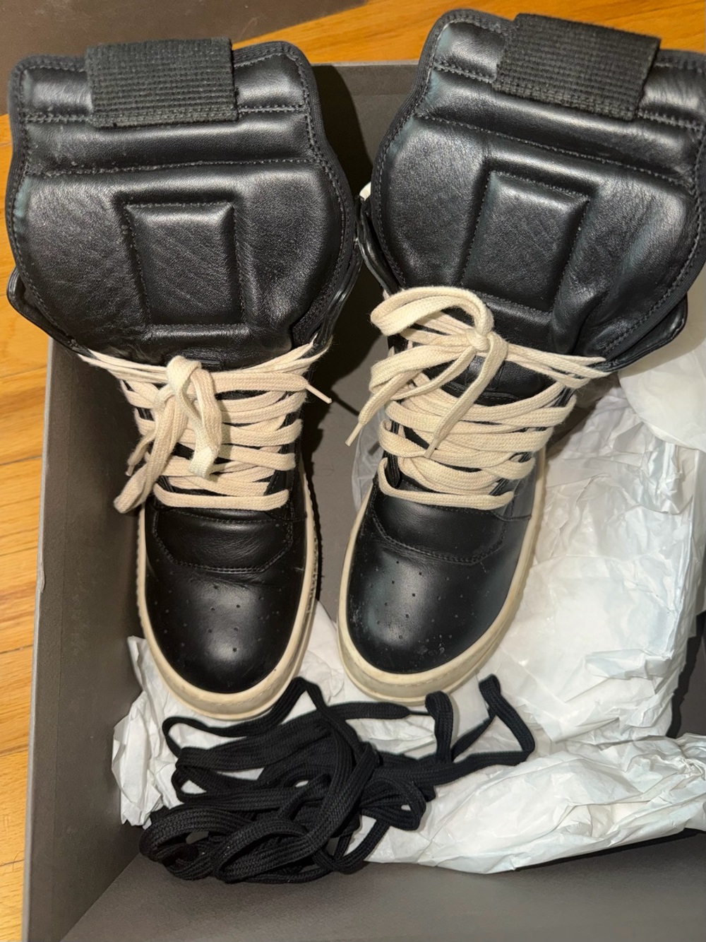 Authentic Rick Owen’s Black and Cream High-Top Sneakers